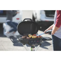 Coleman RoadTrip® 225 Portable Stand-Up Propane Grill -Coleman Sales 2000033048 coleman grill 225 su black close up of food on grate in use